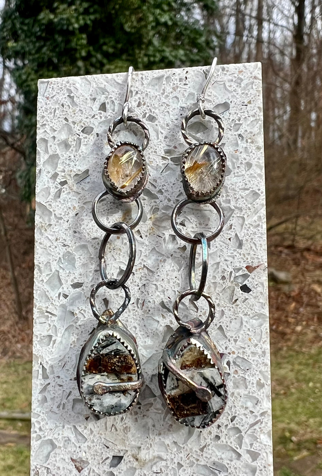 Raw Astrophylite and Rutilated Quartz Sterling Silver earrings