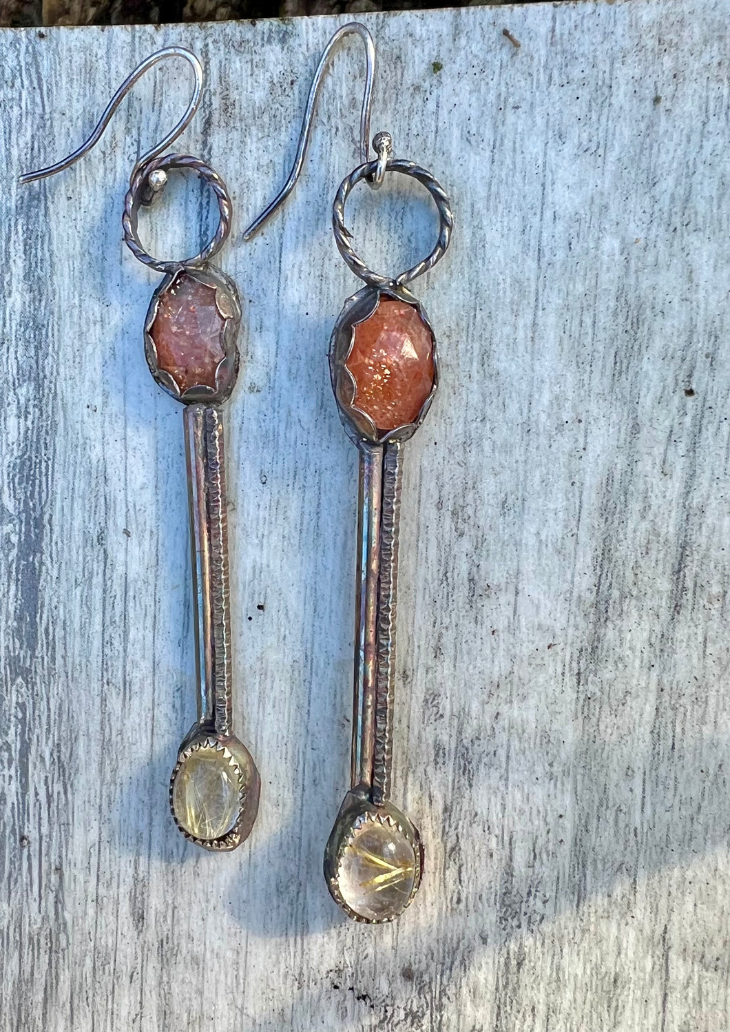 Sunstone and Rutilated Quartz Sterling Silver Earrings