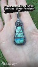 Load and play video in Gallery viewer, Aqua Labradorite Coffin Skull Sterling Silver Pendant
