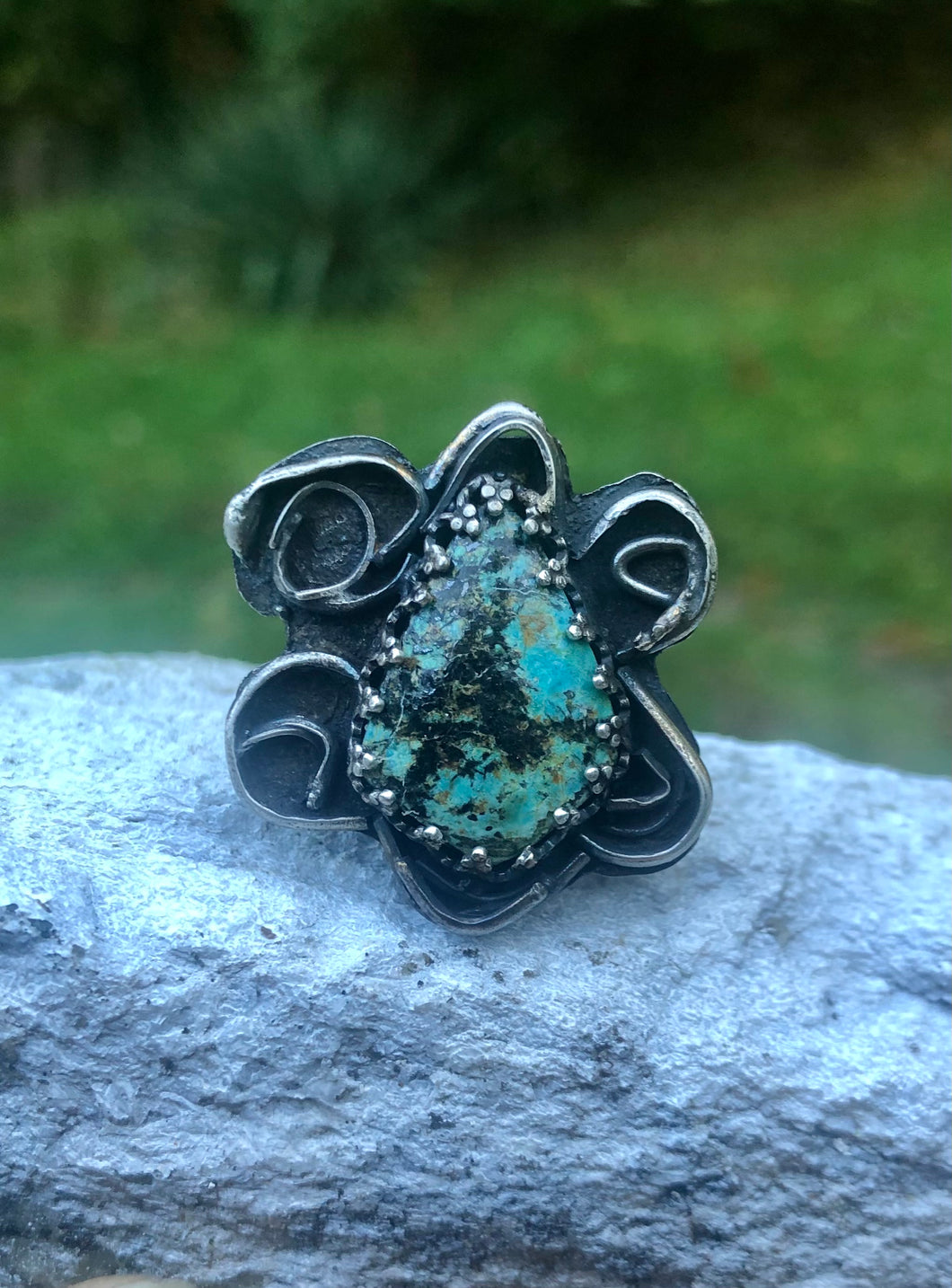 African Turquoise Sterling Silver Adjustable Flower Ring