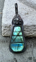 Load image into Gallery viewer, Aqua Labradorite Coffin Skull Sterling Silver Pendant
