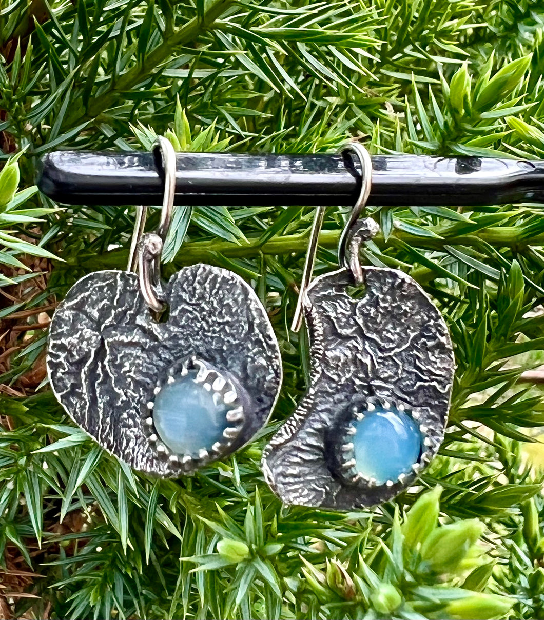 Aqua chalcedony heart and moon sterling silver earrings