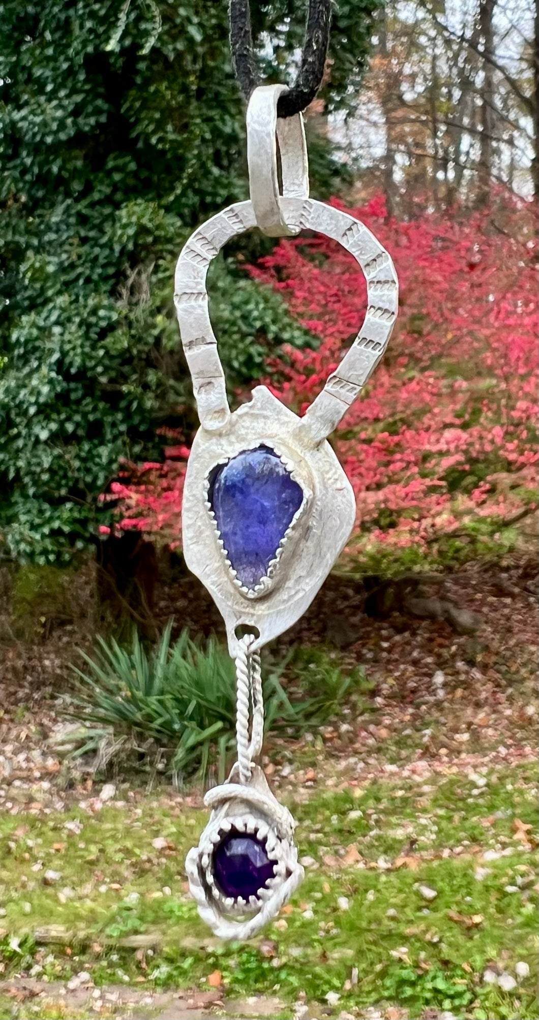 Tanzanite and Amethyst rustic Sterling silver double pendant