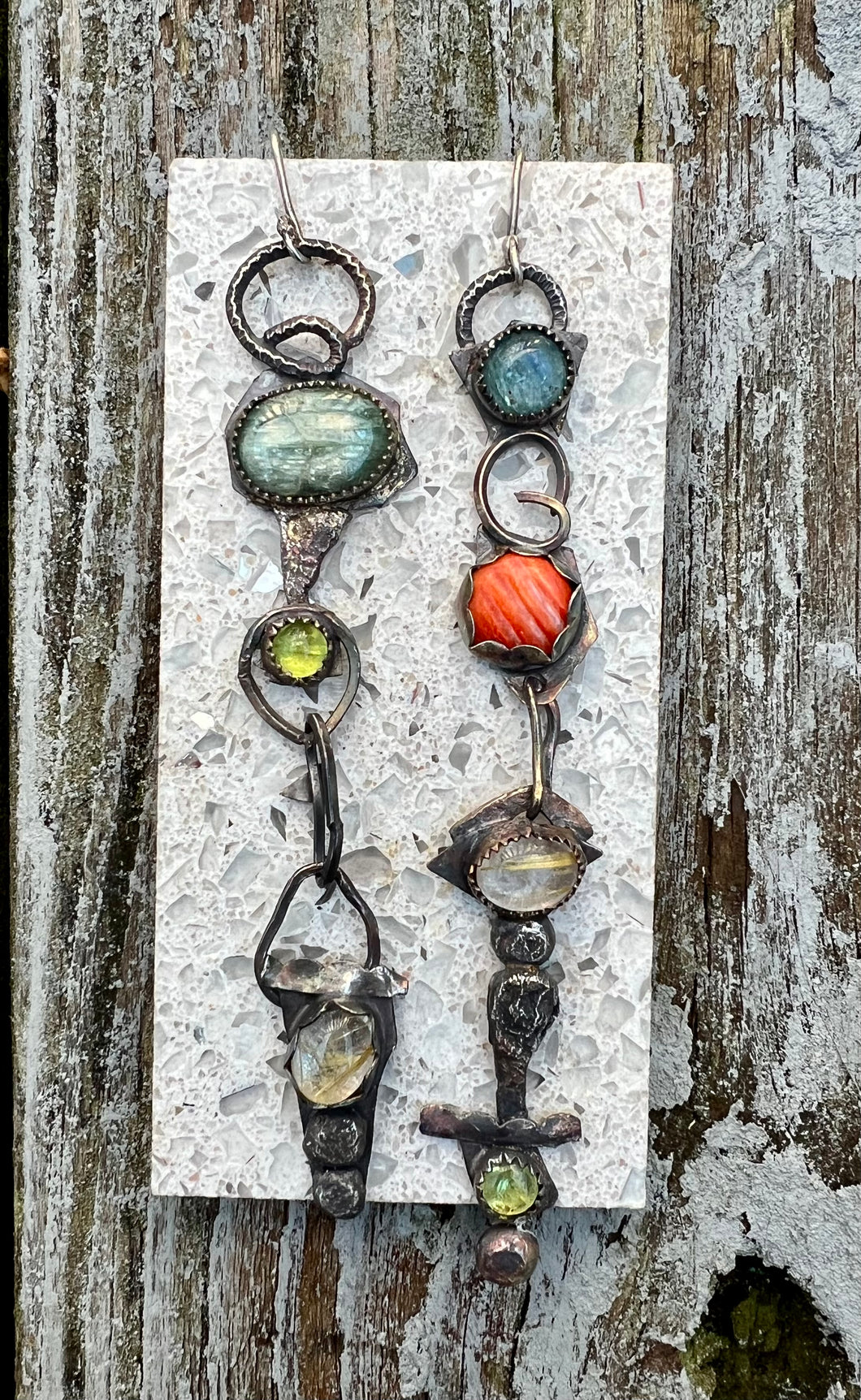 Kyanite, Peridot, Rutilated Quartz, Spiny Oyster Sterling Silver long dangle earrings