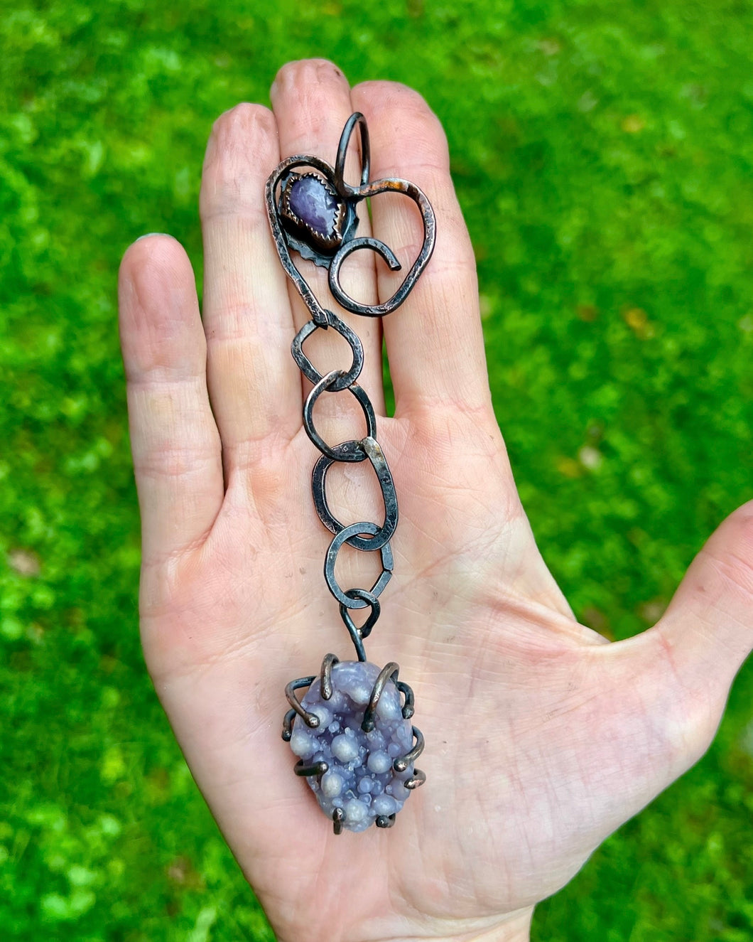 Star Ruby and grape agate heart copper long pendant