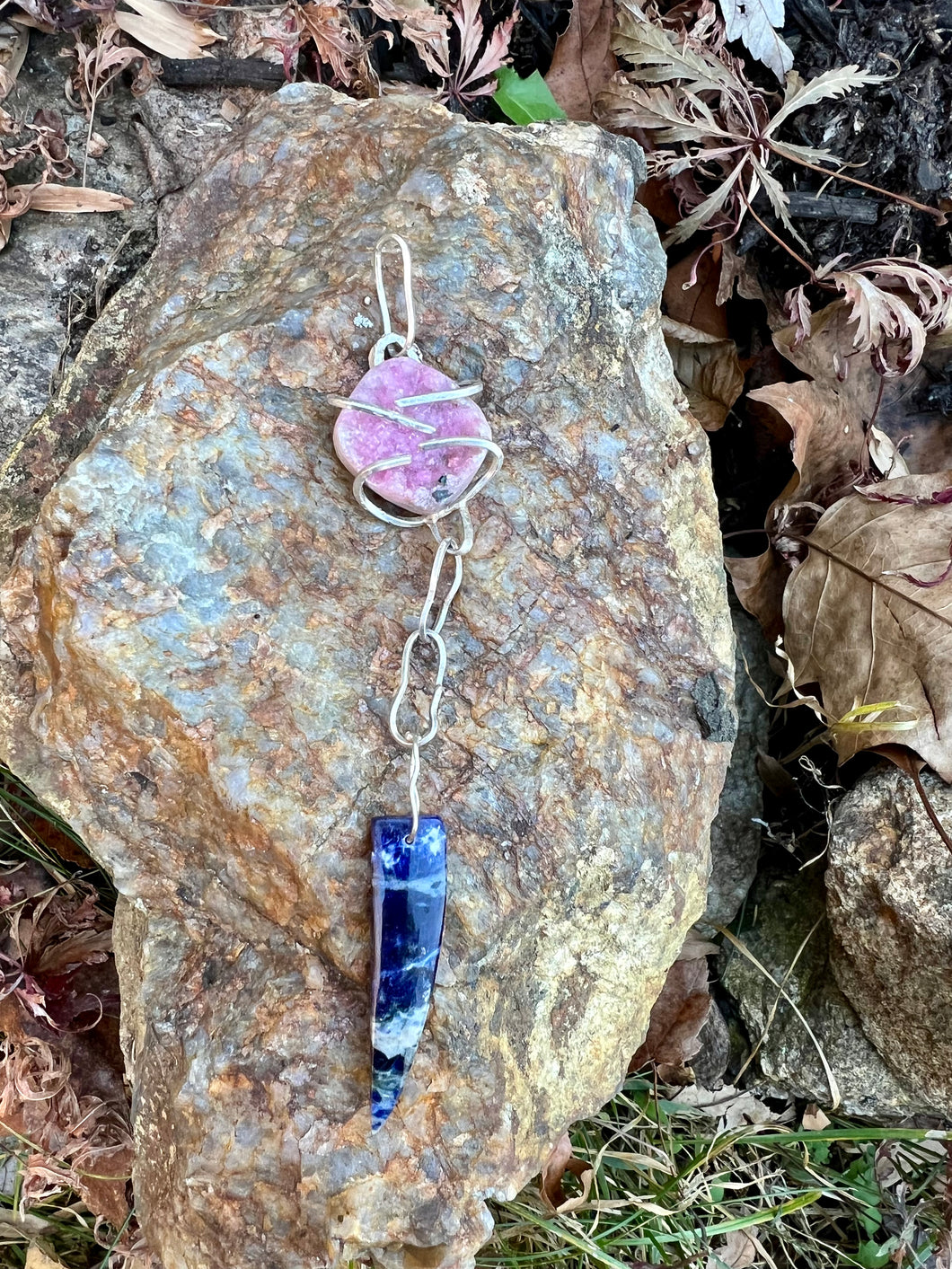 Cobalt calcite And sodalite long sterling silver pendant