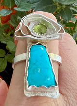 Load image into Gallery viewer, Sonoran Turquoise and Peridot sterling silver figurative adjustable ring
