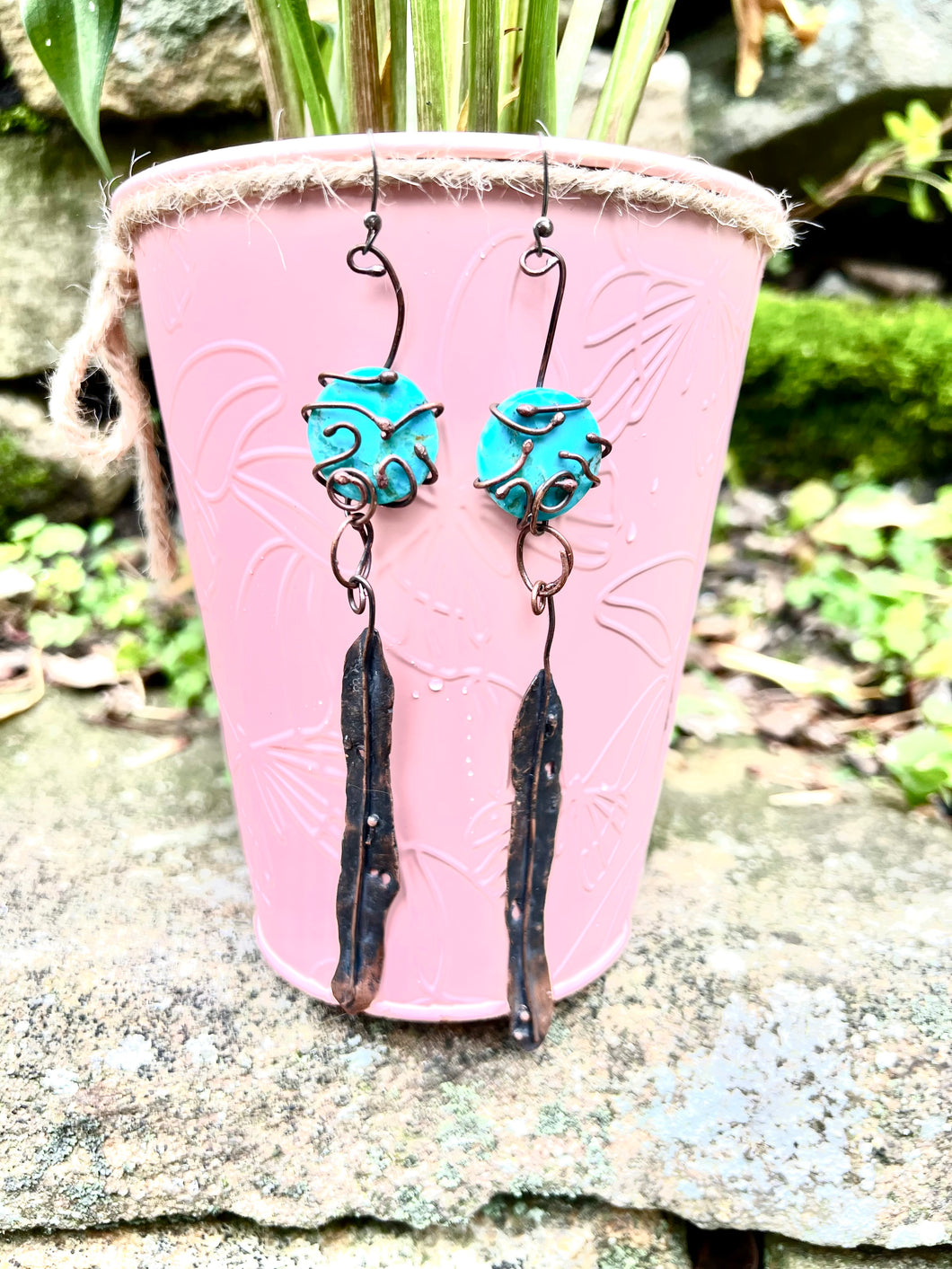 Kingman Turquoise Copper Long Feather Earrings