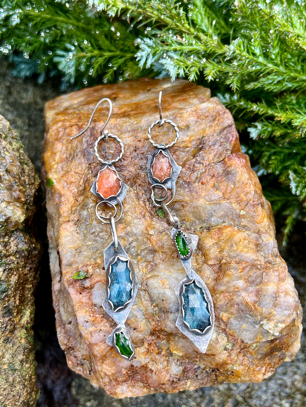 Sunstone, Kyanite and Chrome Diopside Sterling Silver Earrings