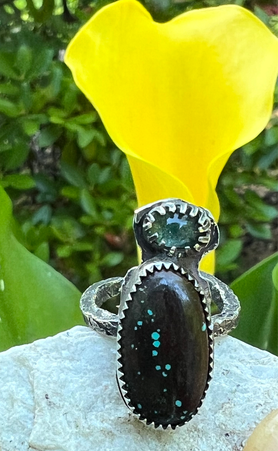 Tibetan Turquoise and Tourmaline Sterling Silver Adjustable Ring