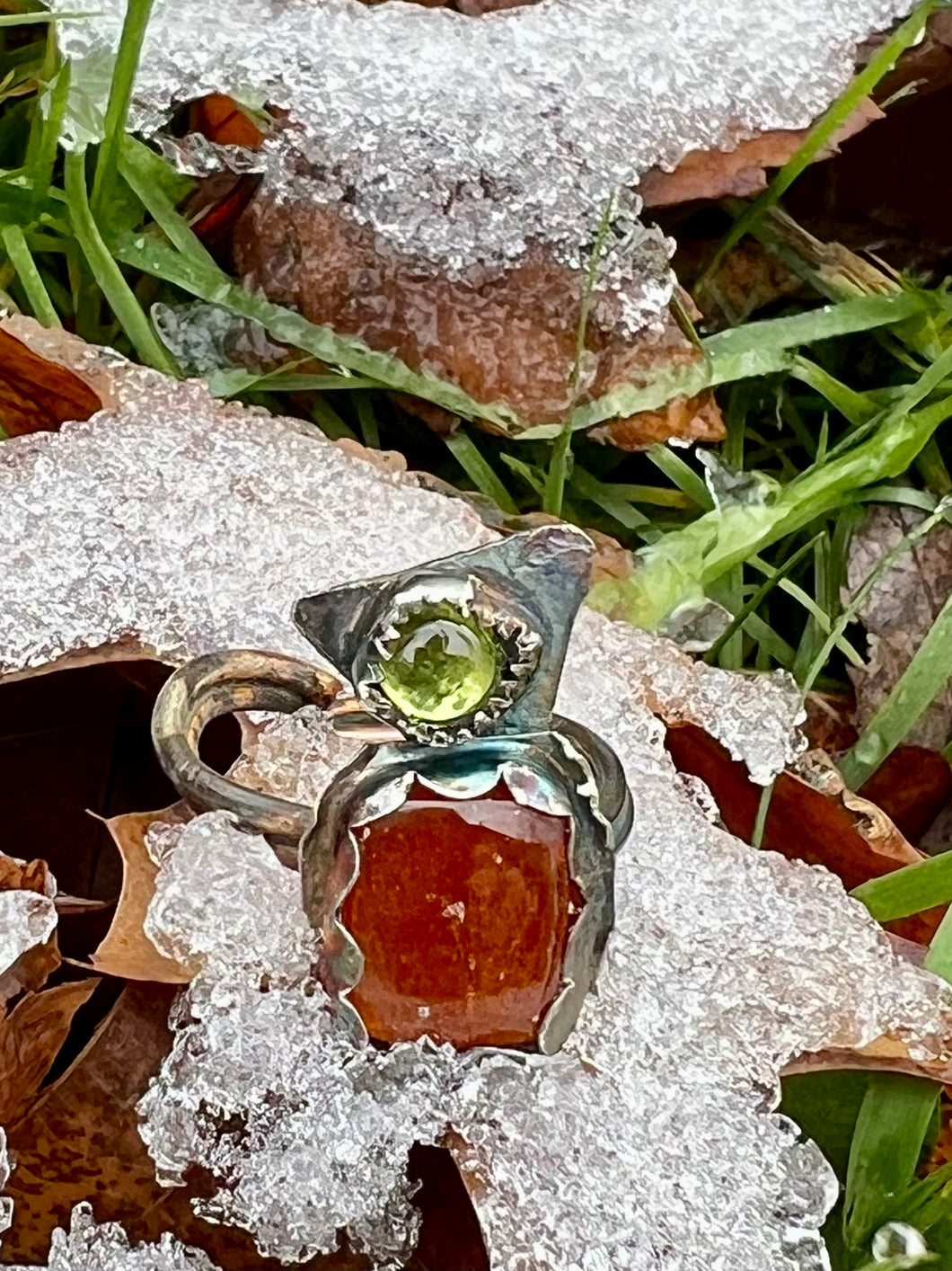 Orange Kyanite and Peridot Sterling Silver Adjustable Ring