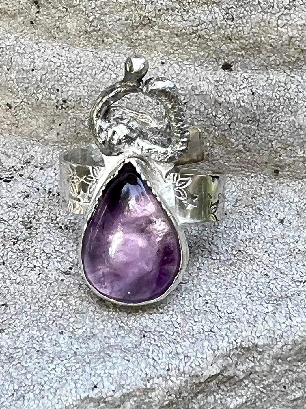 Amethyst sculptural sterling silver wrap ring.