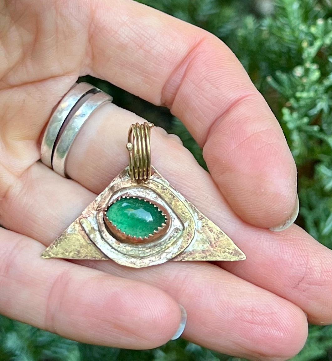 Green strawberry Quartz brass and copper pendant