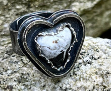 Load image into Gallery viewer, White buffalo heart adjustable sterling silver ring
