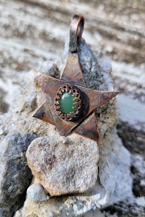 Green Agate Copper Pendant Jewish Star