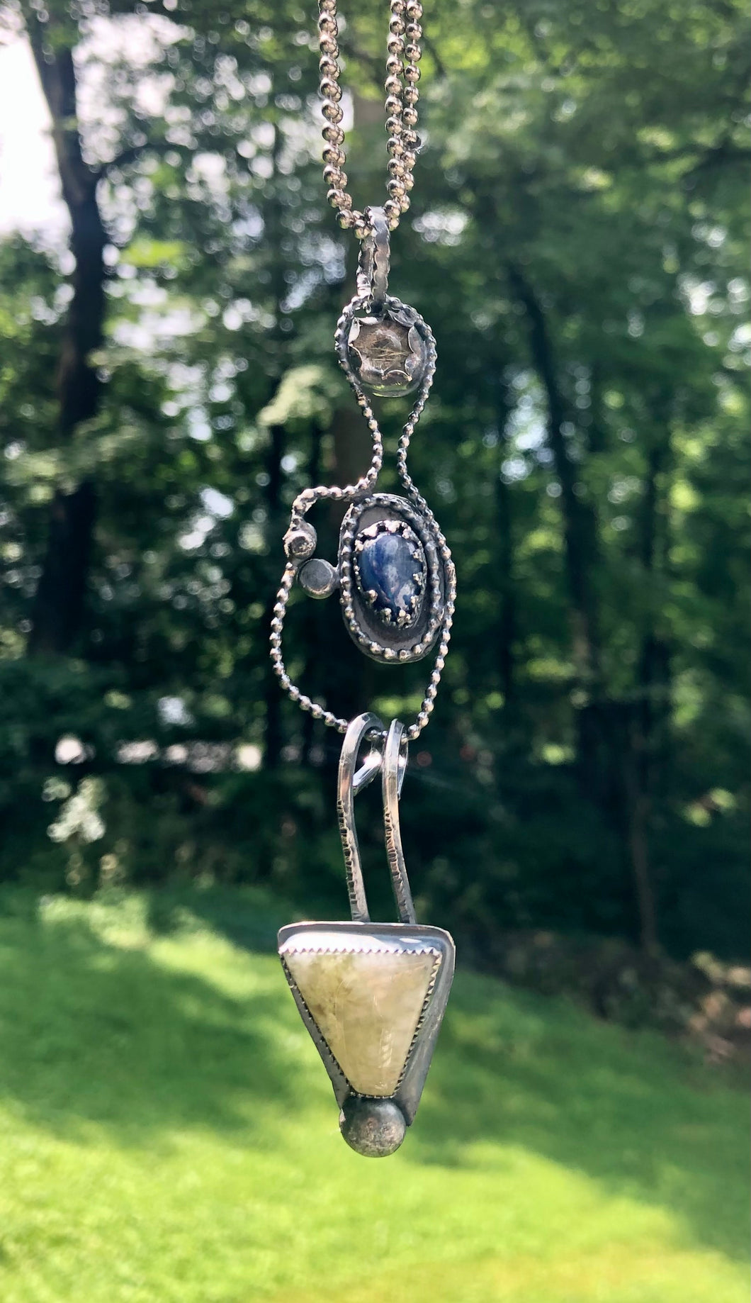 Prehnite, pyrite and rutilated quartz sterling silver long pendant