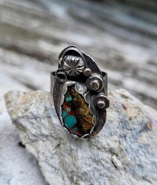 Tibetan turquoise adjustable sterling silver statement ring