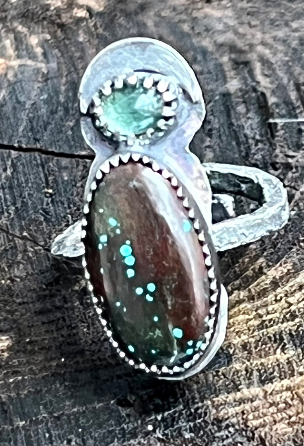 Tibetan Turquoise and Tourmaline Sterling Silver Adjustable Ring