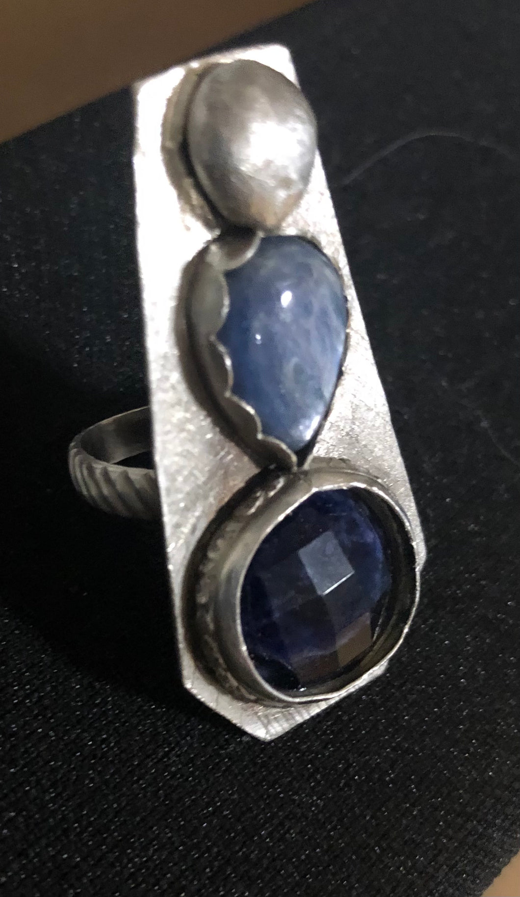 Kyanite and sodalite sterling silver coffin ring