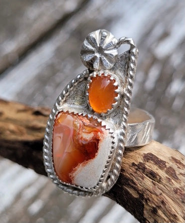 Mexican Fire opal and carnelian sterling silver ring