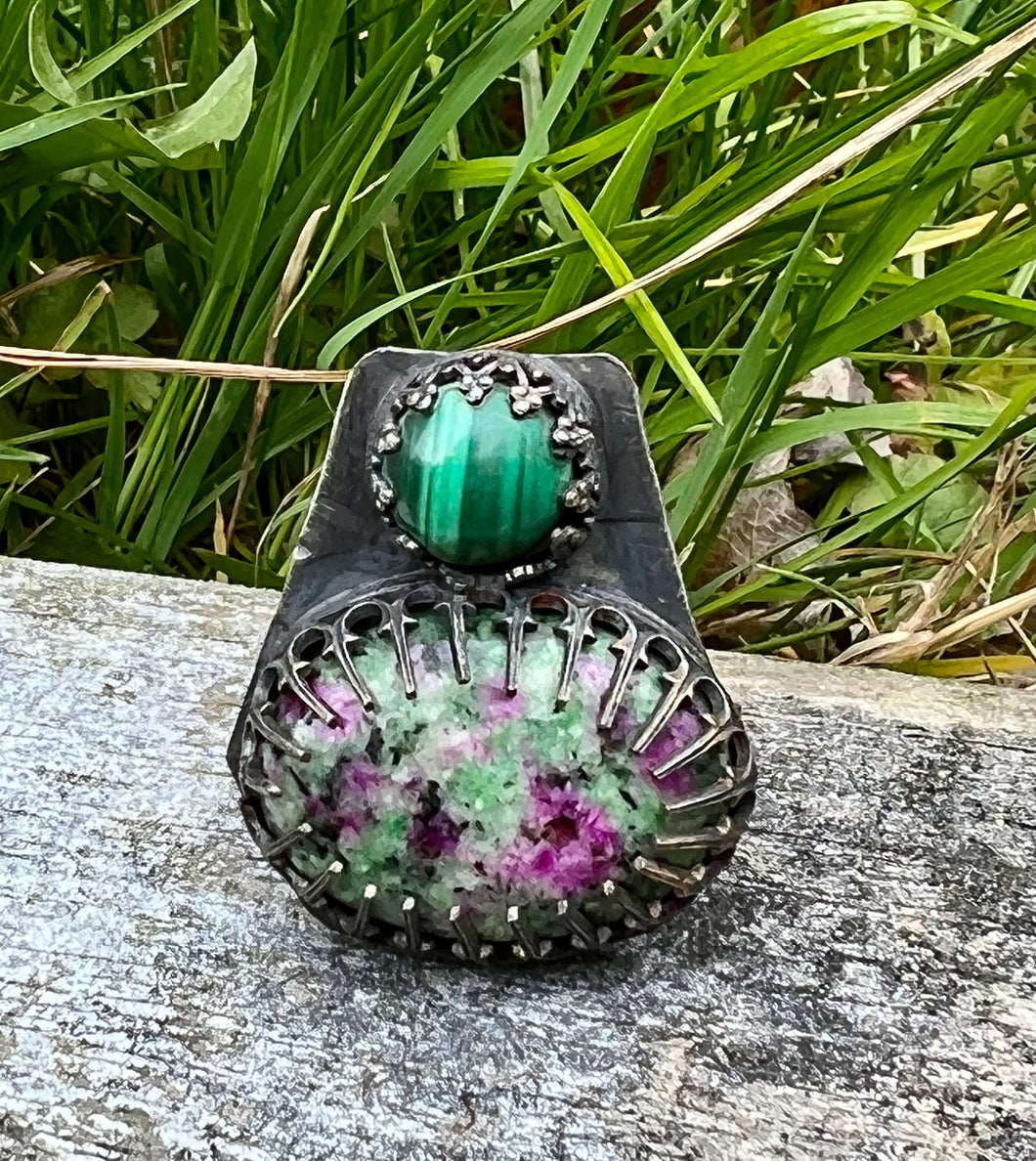 Malachite and ruby zoisite sterling silver coffin ring