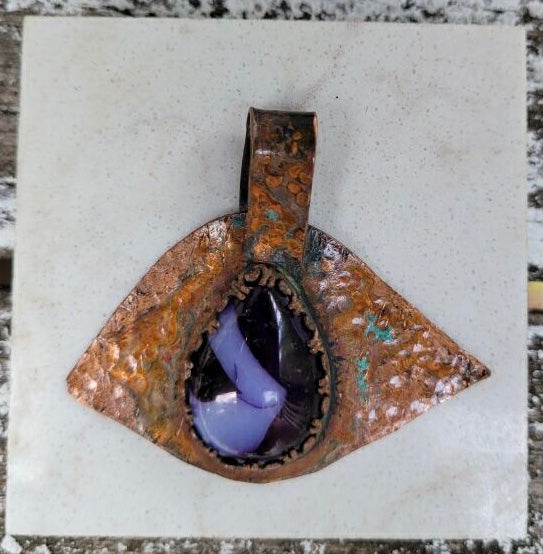 Copper purple agate evil eye pendant