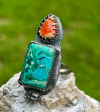 Load image into Gallery viewer, Chrysocolla Malachite and Mexican Fire Opal Sterling Silver Adjustable Ring
