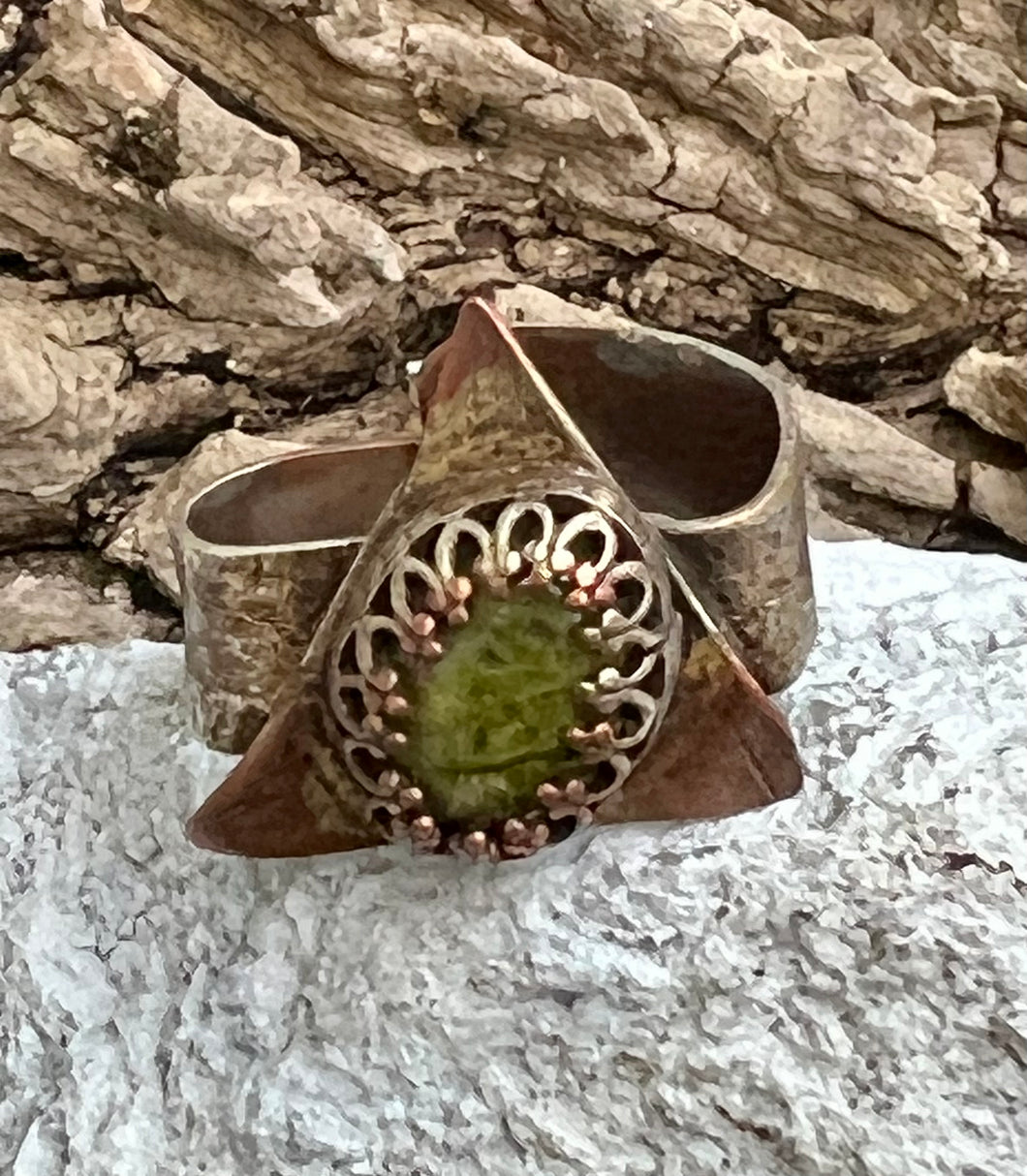 Green stone copper triangle wrap ring