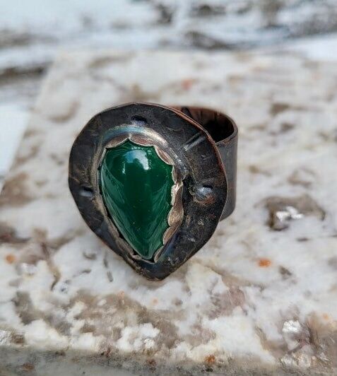 Green agate copper and silver accents ring