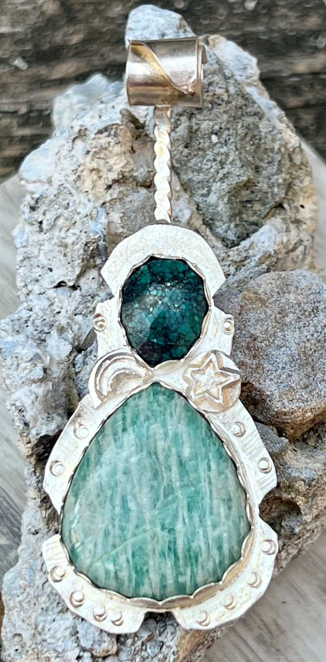 Amazonite and Tibetan turquoise sterling silver pendant