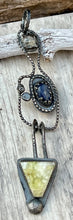Load image into Gallery viewer, Prehnite, pyrite and rutilated quartz sterling silver long pendant

