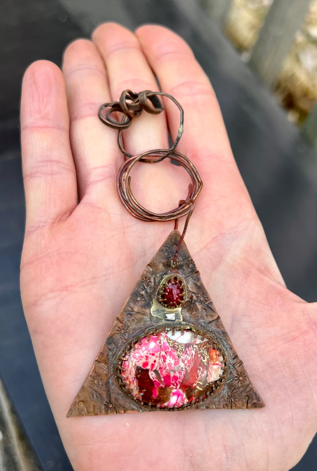 Long copper stone triangle pendant