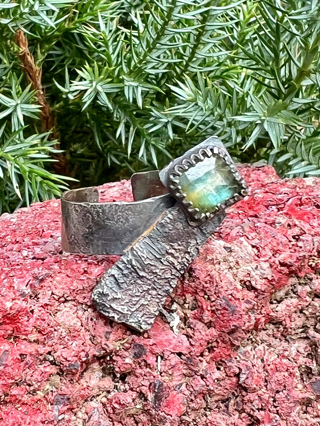 Kyanite Sterling and Reticulated Silver Adjustable Ring