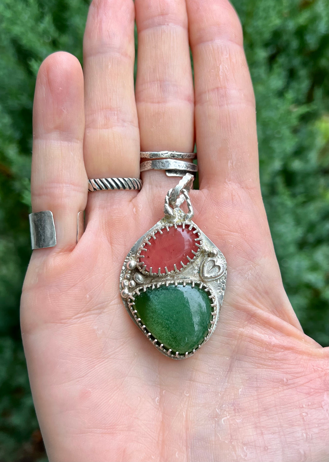 Cherry quartz and serpentine sterling pendant