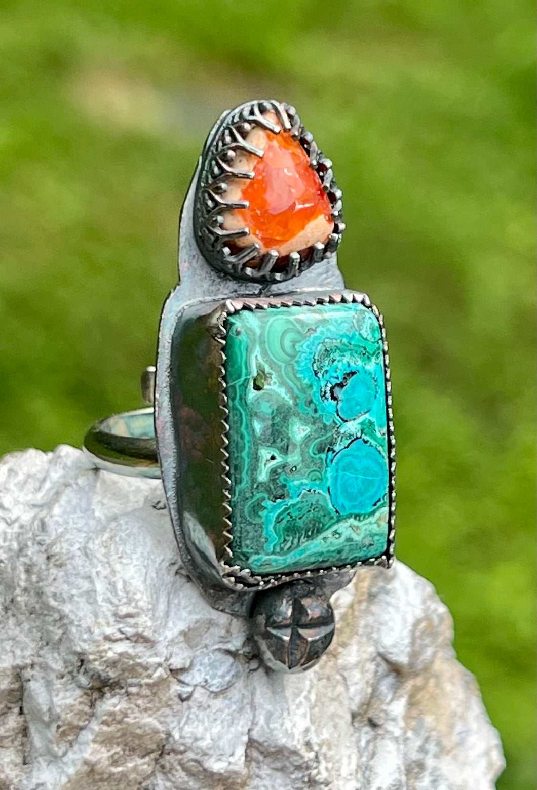 Chrysocolla Malachite and Mexican Fire Opal Sterling Silver Adjustable Ring