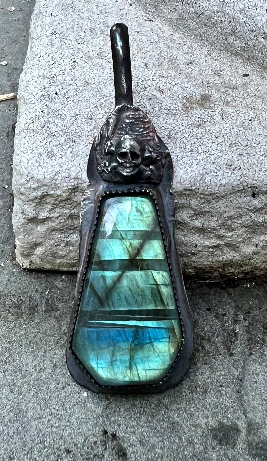 Aqua Labradorite Coffin Skull Sterling Silver Pendant