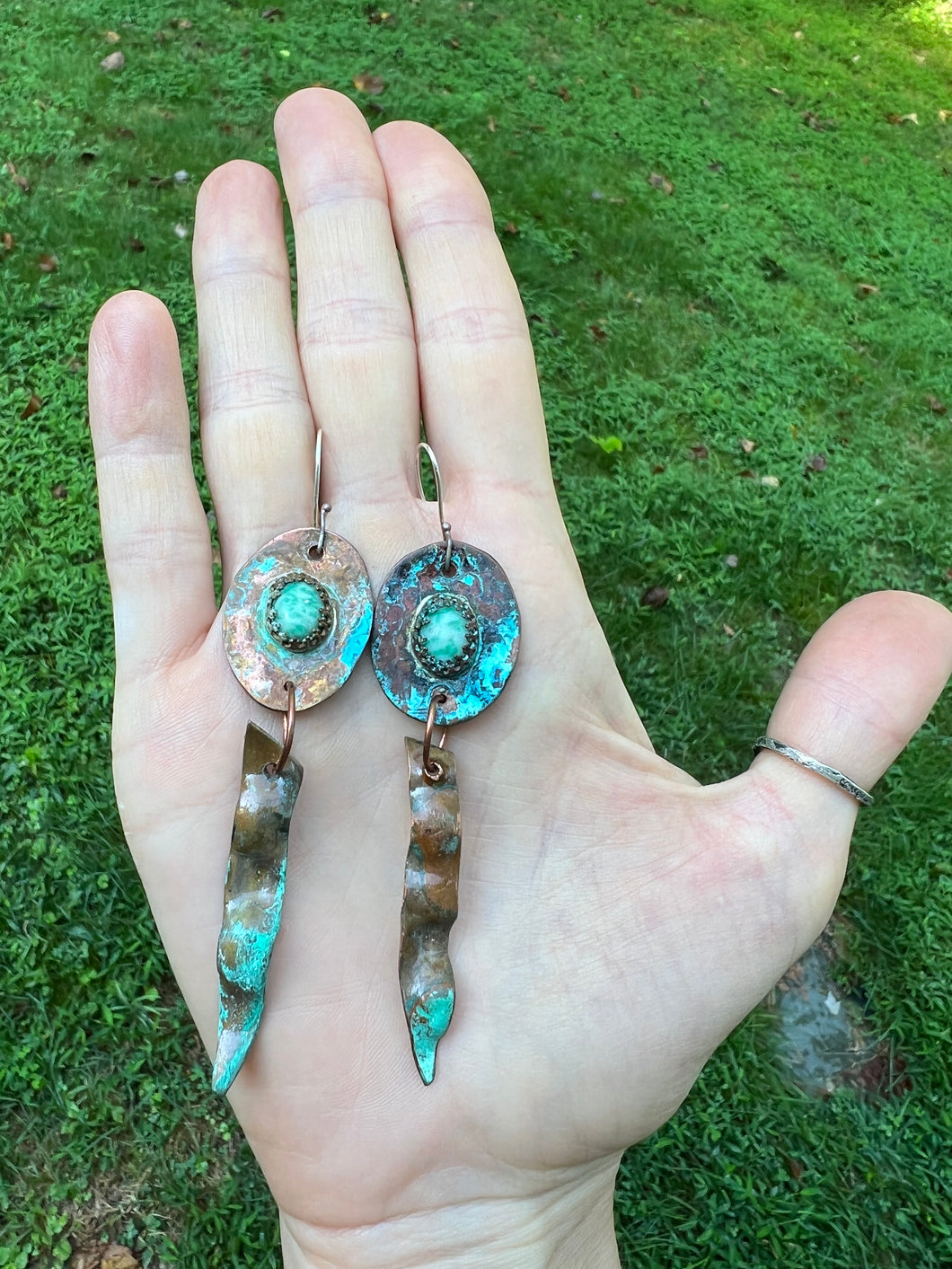 Light green stone and copper patina dangle earrings