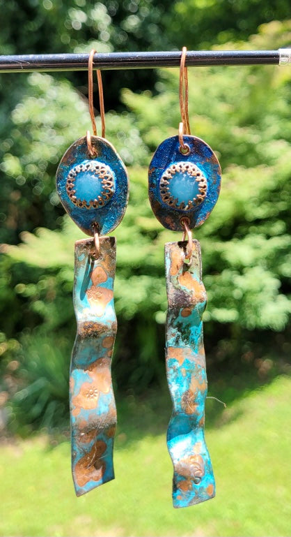 Copper and blue stone wavy dangle patina earrings