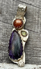 Load image into Gallery viewer, Siberian Charoite, sunstone and tourmaline sterling silver pendant
