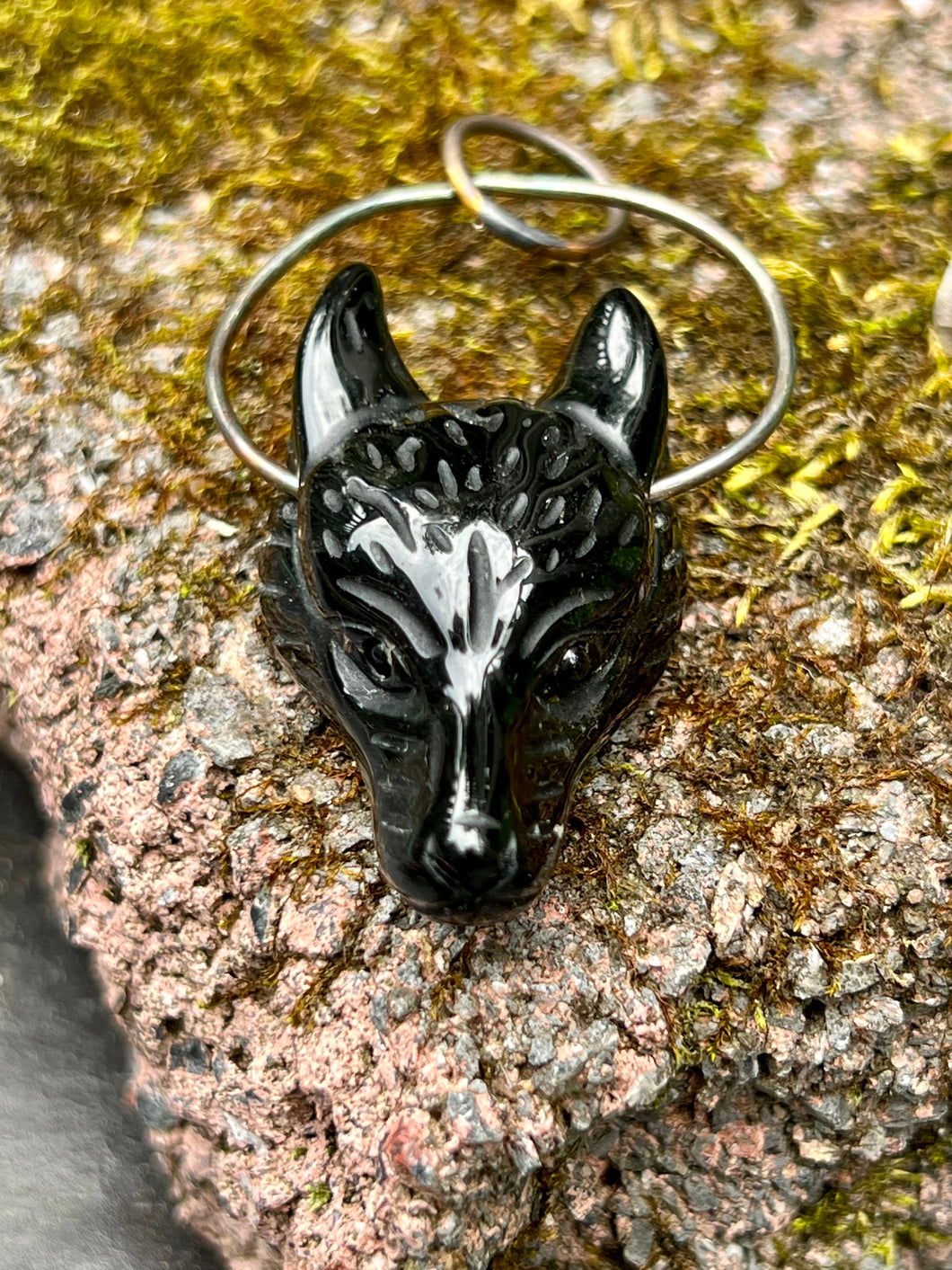 Carved Obsidian Wolf Sterling Silver Pendant