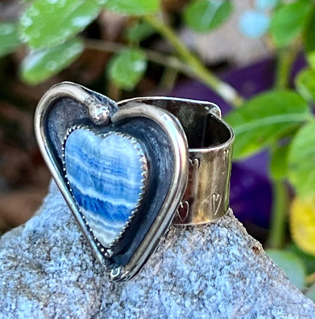 Blue Lapis Lace Calcite / Scheelite Stone Sterling Silver Adjustable Ring