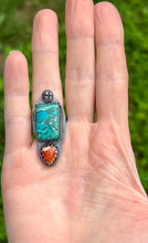 Load image into Gallery viewer, Chrysocolla Malachite and Mexican Fire Opal Sterling Silver Adjustable Ring
