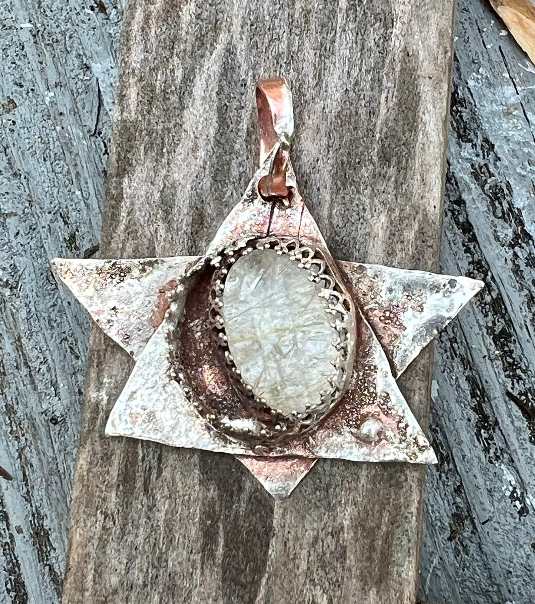 Golden Rutilated Quartz Copper and Silver Star Pendant