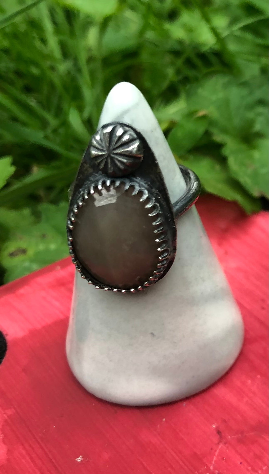Peach sapphire blackened sterling silver ring