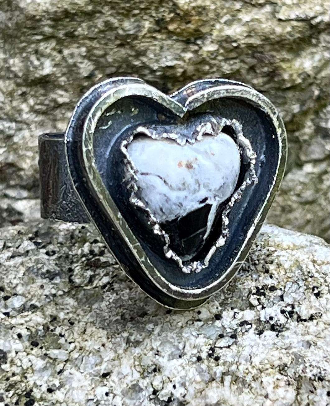 White buffalo heart adjustable sterling silver ring
