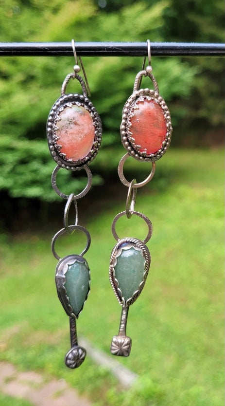 Cherry quartz and aventurine sterling silver dangle earrings