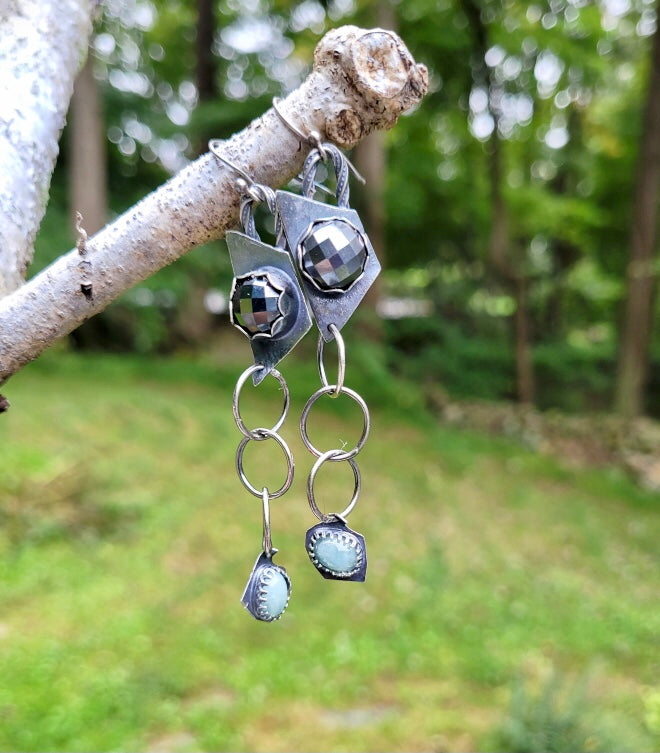 Hematite and Aquamarine Sterling Silver Dangle Earrings