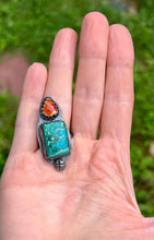 Load image into Gallery viewer, Chrysocolla Malachite and Mexican Fire Opal Sterling Silver Adjustable Ring
