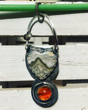 Load image into Gallery viewer, Crazy lace agate and Mexican Fire Opal double heart sterling silver pendant
