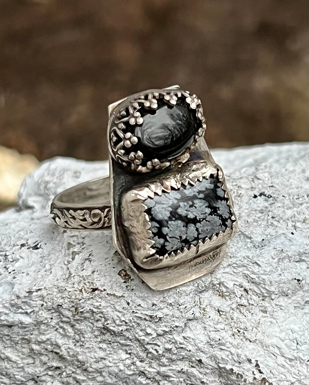 Obsidian and snowflake obsidian sterling ring